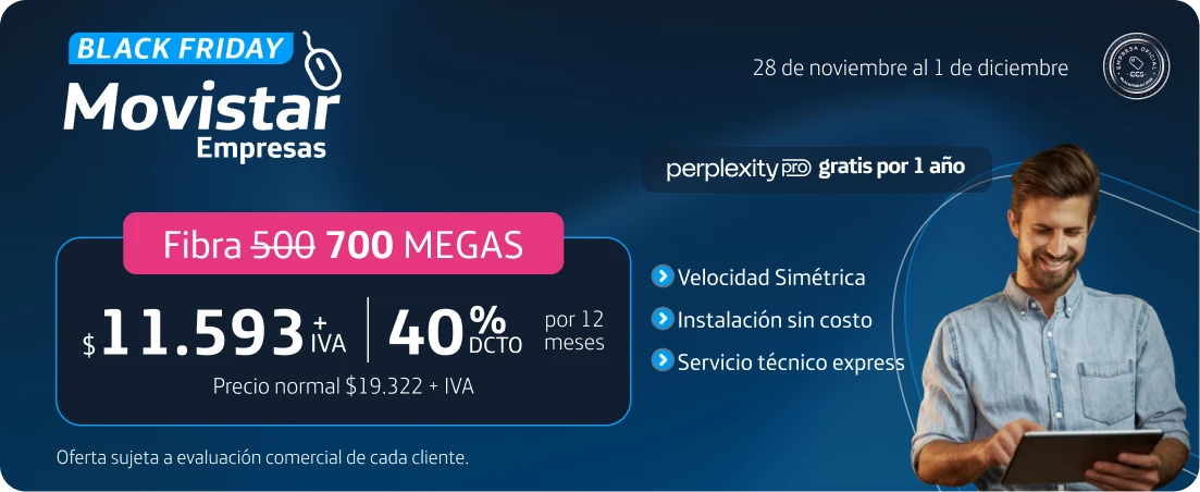 Banner Black Friday Movistar Empresas - <strong>Fibra Empresas</strong> exclusivo en <strong>Black Friday con hasta 50% dcto</strong> para tu negocio.
