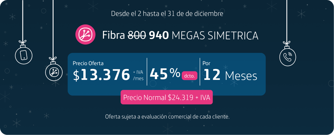 Banner NAVIDAD Movistar Empresas - Ofertas navideñas <strong>con hasta 45% dcto</strong> en fibra óptica.