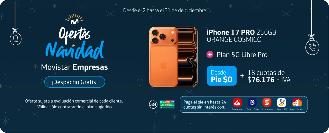 Banner NAVIDAD Movistar Empresas - <strong>Ofertas navideñas</strong> en celulares y planes 5G para <strong>potenciar tu negocio.</strong>