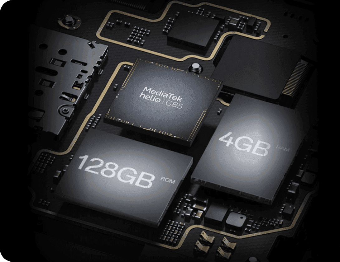 Características de un equipo Oppo como 4 GB de RAM  y 128 GB de ROM más MediaTek Helio G85.