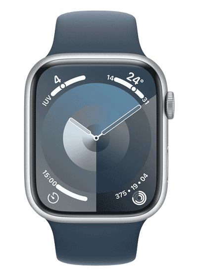 Apple Watch Series 9 (GPS + Cellular) - Caja de aluminio en plata de 45 mm - Correa deportiva azul tempestad - Talla M/L